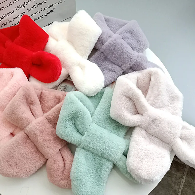 Children Winter Warm Thicken Cross Collar Scarf Solid Color Faux Rabbit Fur Plush Cute Shawl Scarfs for 1-13Years Boys Girls