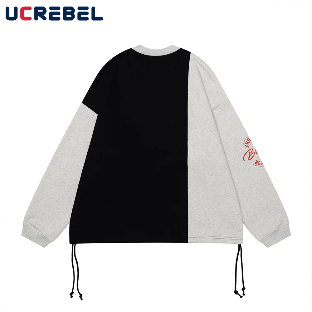 Patchwork Print Sweatshirts Mens Distressed High Street Autumn Winter Fleece Crew Neck Long Sleeve Drawstring Hem Sweatshirts