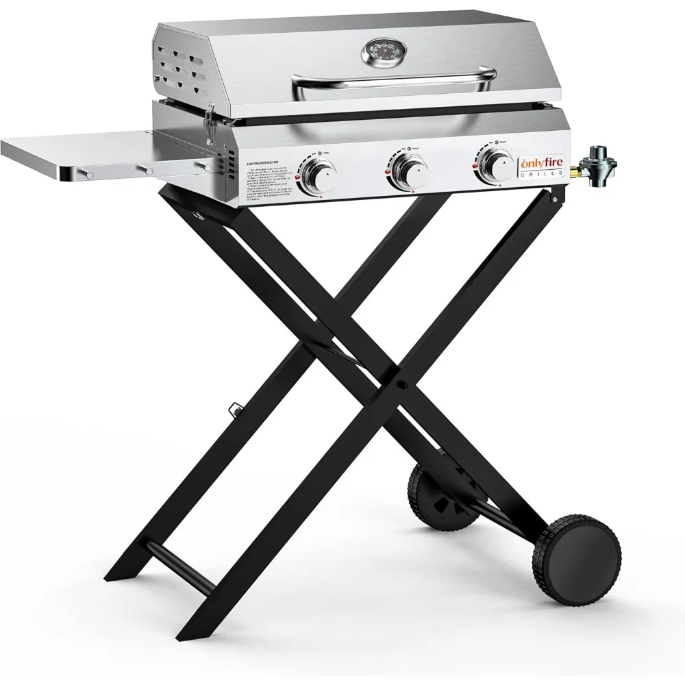 Gas Griddle 3-Burner with Foldable Cart & Side Table, Stainless Steel Flat Top Gas Grill Griddle Stove with Lid,