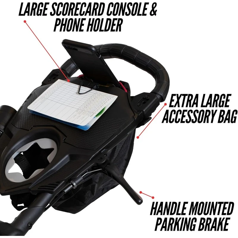 3 Wheel Golf Push Cart, Easy 1 Step Open and Fold, Scorecard Console, Beverage Holder, Mobile Device Holder