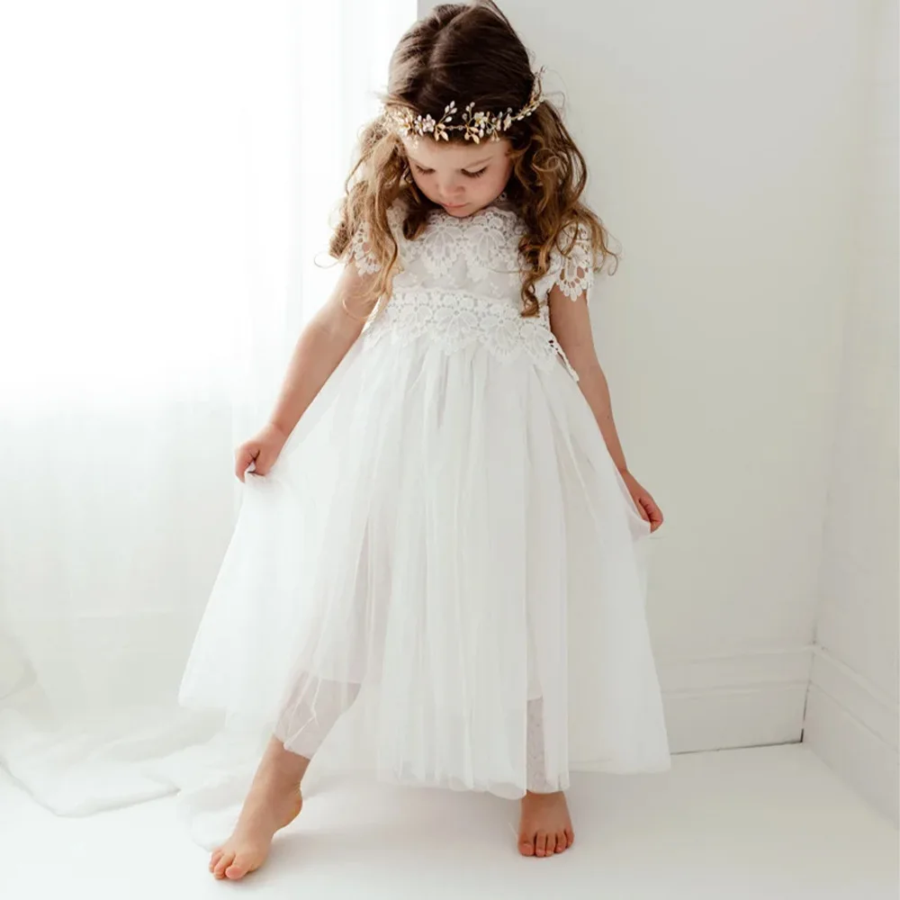 

New Girls' Dress Fashionable Lace Princess Dress Children's Short Sleeved Puffy Wedding Dress Birthday Gift For Girls