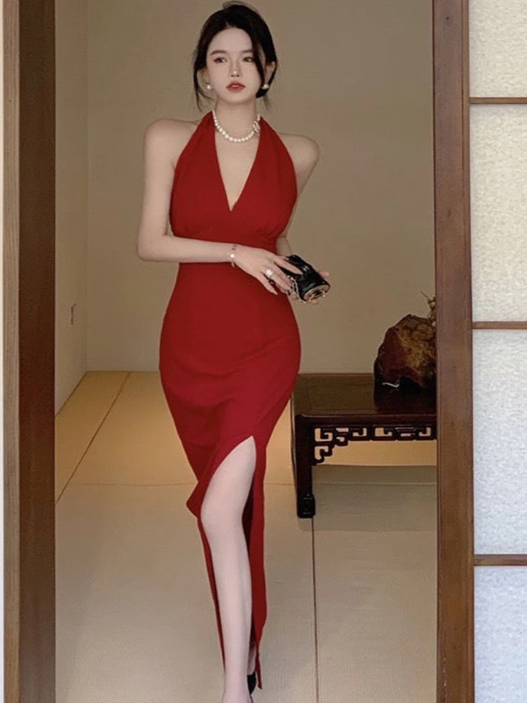 Midi Sleeveless Dress for Women Halter Side-slit Red Solid Design Sheath Korean Fashion Style Платье Tender Slim Fit Sexy Basic