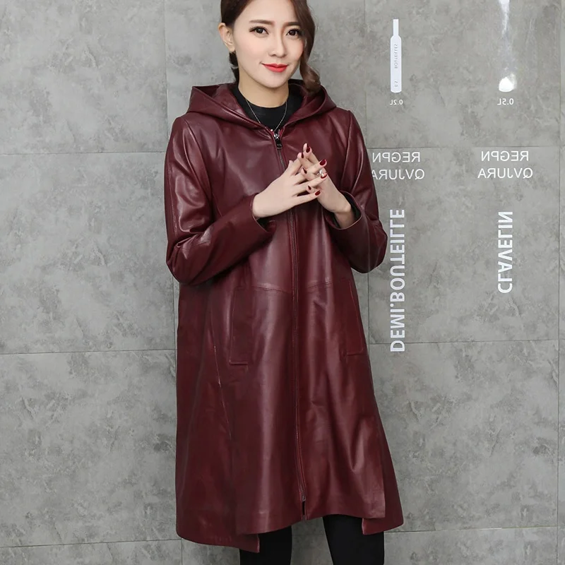 2023 New Genuine Leather Jacket Women Sheepskin Jacket Coat Spring Loose Casual Wine Red Mid-Length Hooded Long Sleeve