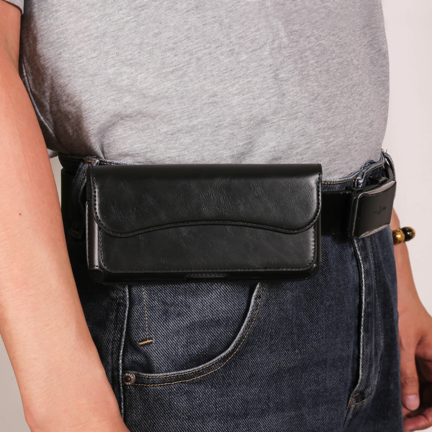 FULAIKATE Crazy Horse Horizontal Waist Phone Bag for Men, Leather Pouch for Samsung Note23 Ultra, iPhone 15 Pro Max, 6.1 \