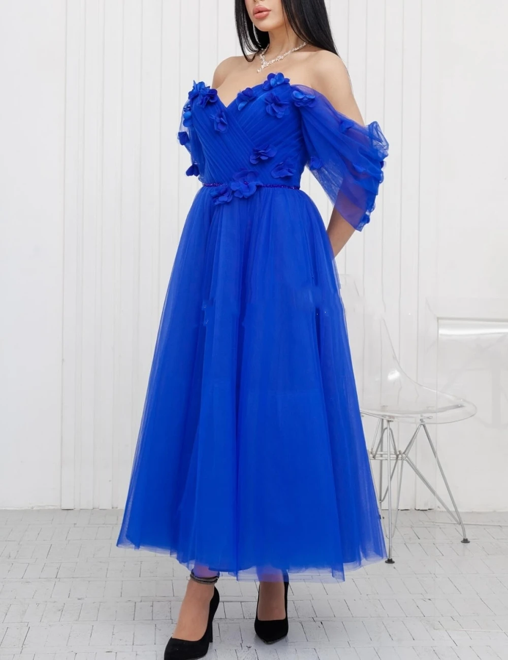 Customized Pastrol Tulle A-line Off-the-shoulder Midi Dresses Homecoming  Unisex Chinese Style Formal Casual Simple Retro