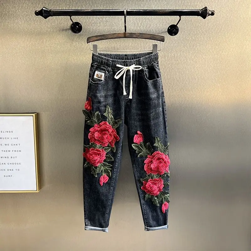 

New Chinese Sle Embroidered Rose Harlan Jeans High Waist Elastic Loose Faionable Denim Nine-Piece Pants Spring Season