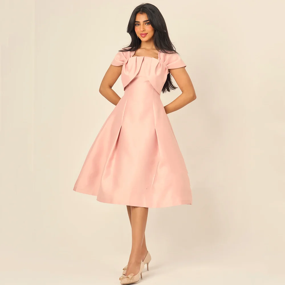 

Customized Pleat Square Collar Short Sleeves Prom Gowns Ruffle A-line Satin Knee Length Dresses Formal Occasion Evening Dress