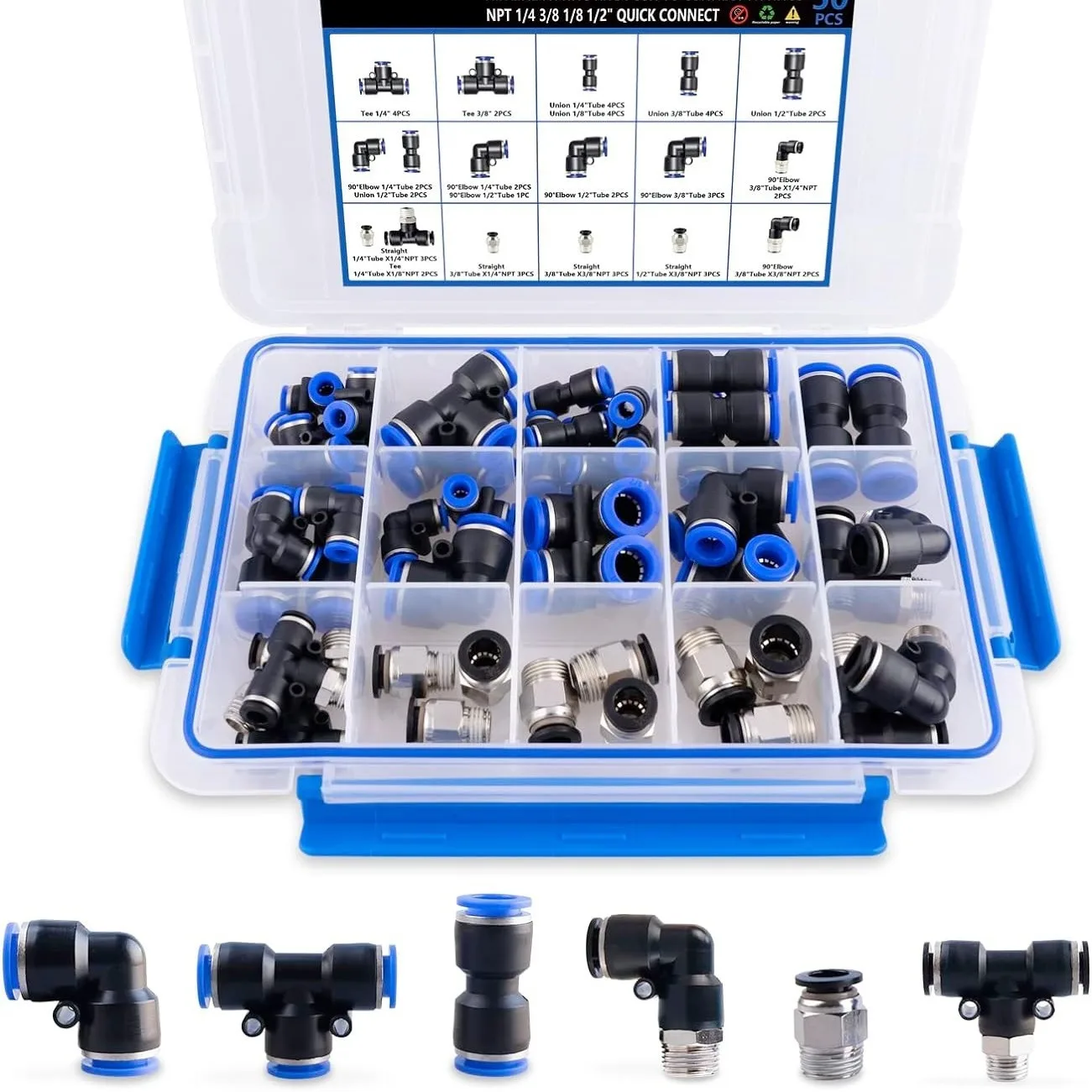 Pneumatic Tube Fittings Kit Push to Connect Fittings Nylon Tube 1/4 3/8 1/8 1/2 Inch Assortment