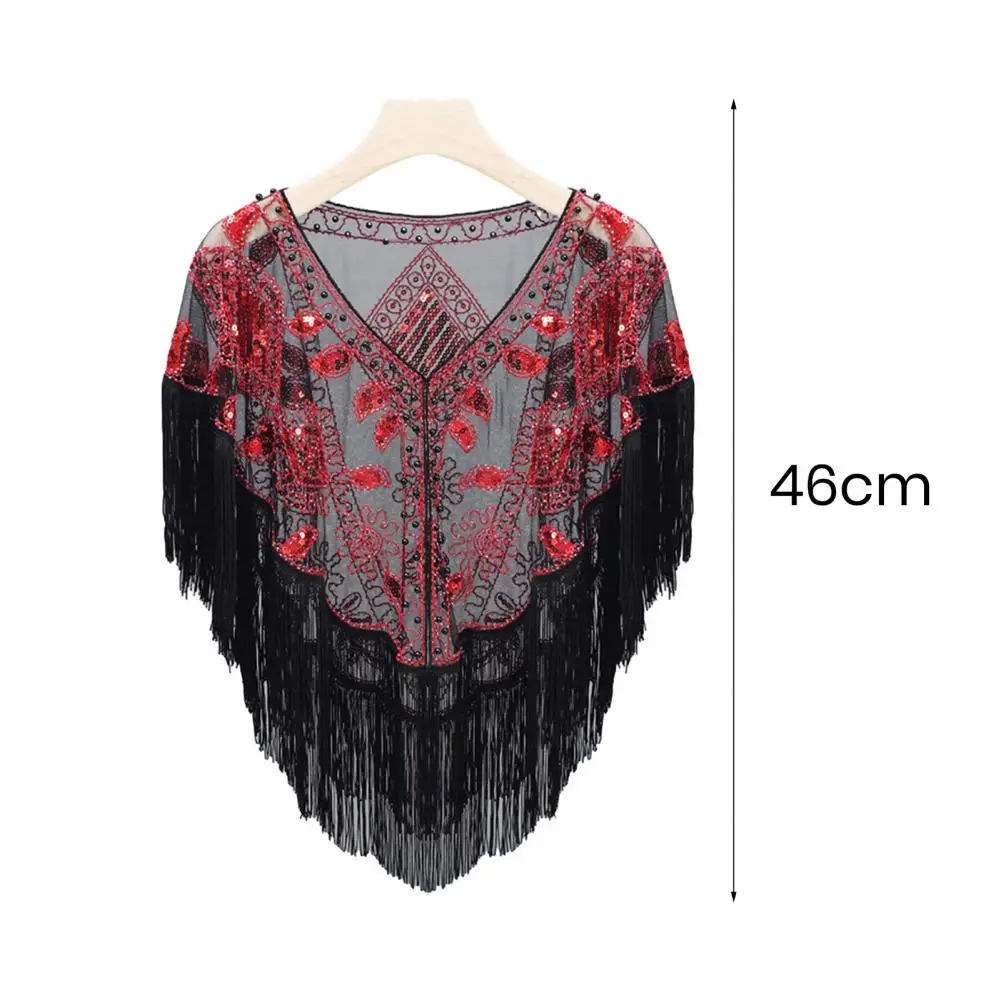 Sequined 1920s Shawl 1920s Women's Sequined Shawl with Tassels Beaded Faux Pearl Fringe Sheer Mesh Wrap Cape V Neck for A