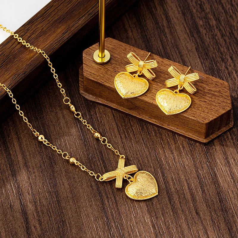 

Luxury 24K 9999 Pure Gold real gold Bow Love Necklace Brushed Heart-shaped Earrings Set