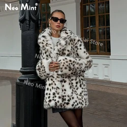 Casaco de pele de leopardo marrom longo para mulheres casaco de pele sintética, sobretudo, neo hortelã, marca de luxo, nova moda, marca quente, inverno, 2024