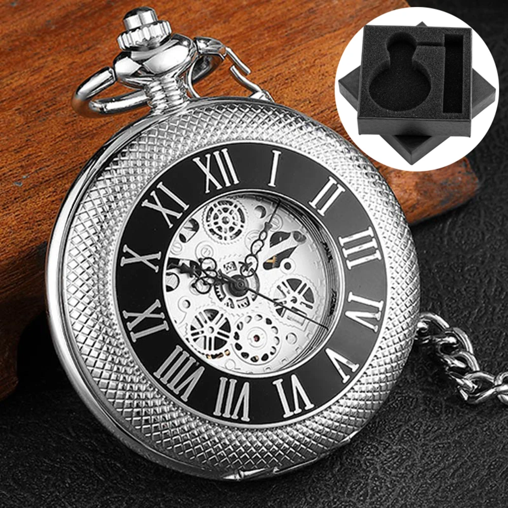 Reloj de bolsillo mecánico Manual elegante de plata Vintage con pantalla de números romanos, reloj de bolsillo antiguo de cuerda Manual de lujo para hombre