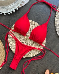 Sexy Bikini 2025 Solid Halter Swimsuit Women Love Connection Bra Bathing Suit Low Waist Bikinis Sets Brazilian Beach Swimwear