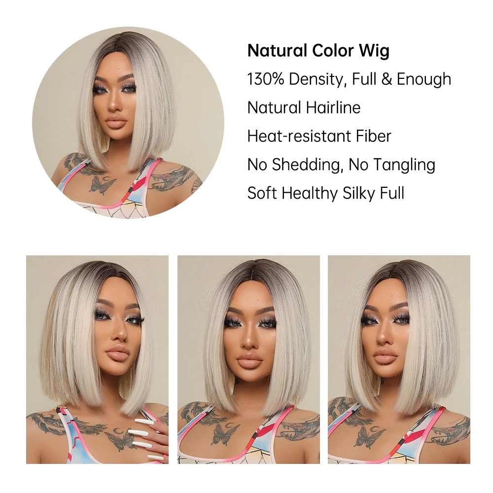 Ash Blonde Short Straight Bob Synthetic Wigs with Dark Roots Gray Platinum Middle Part Wig for Women Natural Heat Resistant Hair