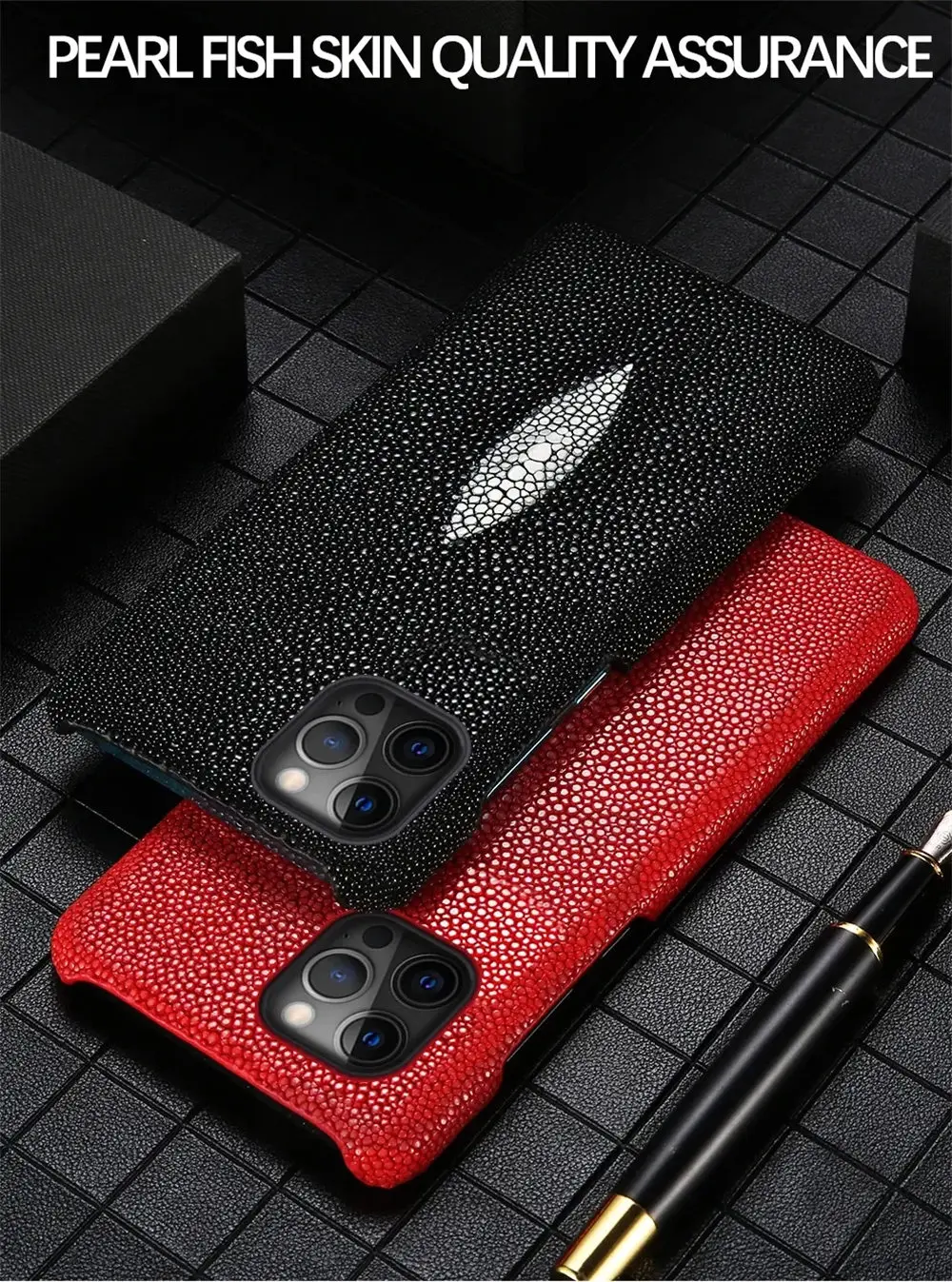 Premium Stingray Leather Case for iPhone 16 15 14 13 Pro Max Pearl Fish Skin Back Cover