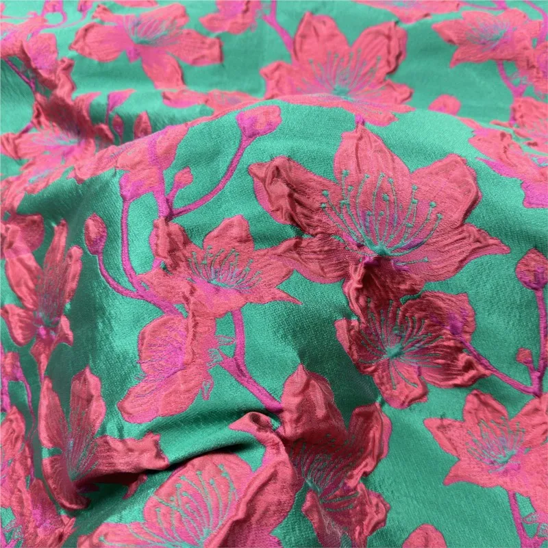 

Embossed red flower women's jacquard fabric trench coat dress evening gown brocade satin clothing