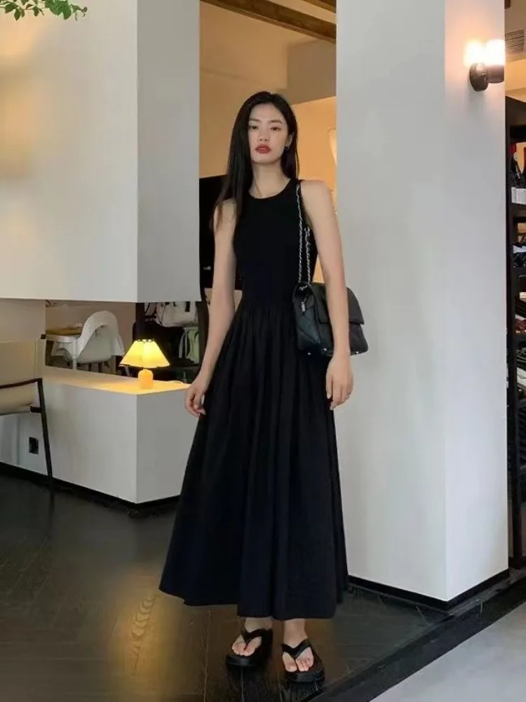 French Maxi Dress Women Elegant Fashion Black Solid Tunic A-line Summer Streetwear Inside Sleeveless Vestidos Party All-match