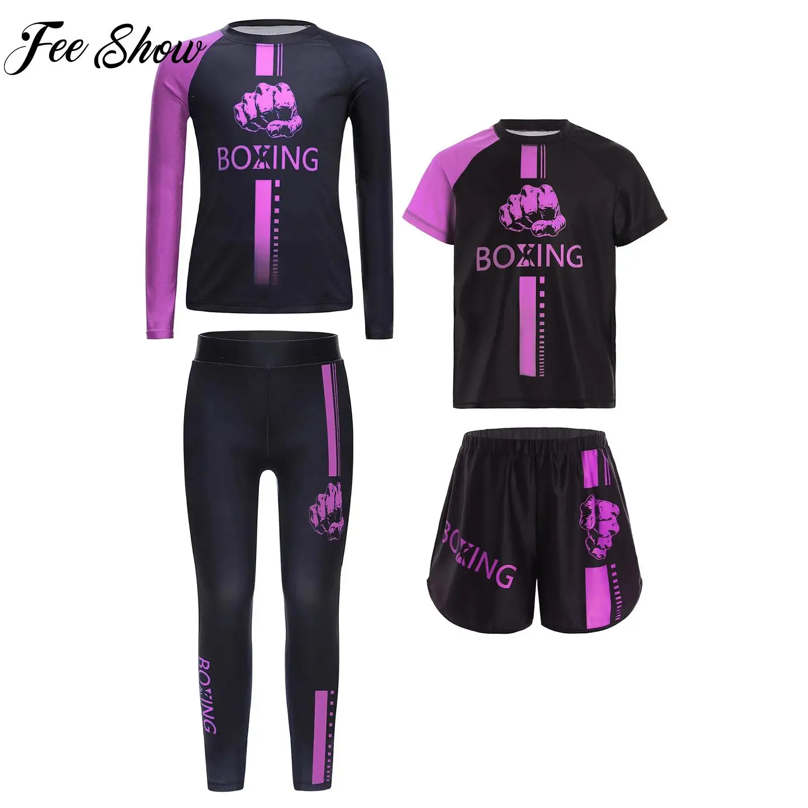 

Boys 4-piece Boxing Training Costume Boxer Outfit Long Sleeve T-shirt+Short Sleeve Top+Shorts+Leggings New Sportswear Outfit Set