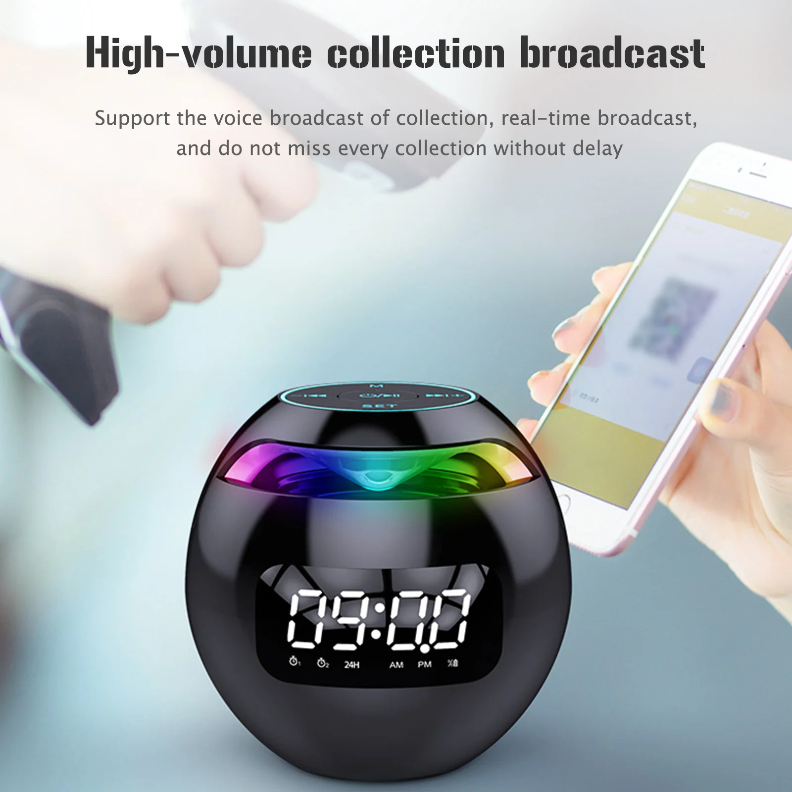 RGB Colorful Bluetooth Compatible with 5.0 Ball Portable Alarm Clock with LED Display Wake Up Clock Christmas Gift Home Decor