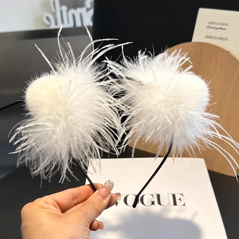 

Cute Real Mink Fur And Ostrich Feather Headbands Women Luxury High Quality Real Fur Hair Band Lady Fashion Hair Hoop Furry Gift