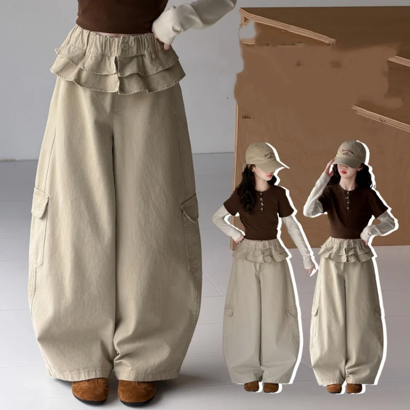 Teenager Girls Wide-Leg Pants Autumn Collection Lotus Leaf Edge Waist Kids Trousers for Ages 4-14 School Uniform Alternative