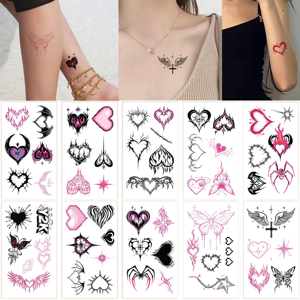 10PCS Black Pink Love Heart Butterfly Pattern Tattoo Stickers Y2K Style Temporary Tattoos for Women Men Wrist Chest Body Art