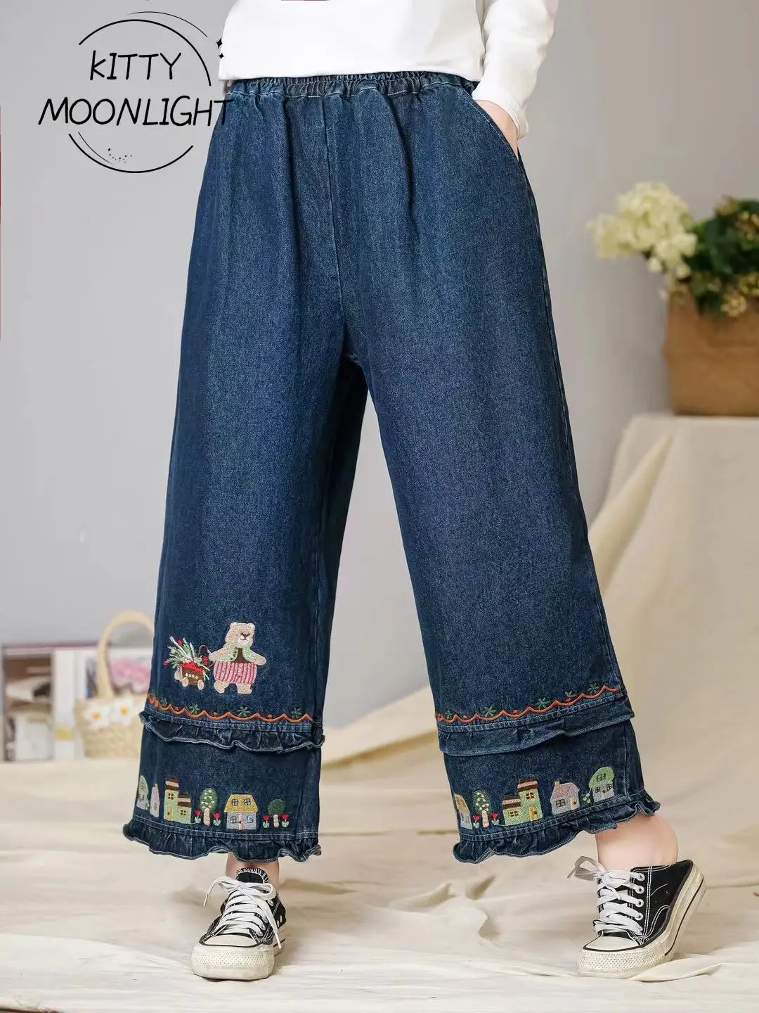 Vintage Embroidery Blue Denim Pants Autumn Japanese Mori Girl Elastic High Waist Ruffled Straight Jeans Retro Wide Leg Trouser