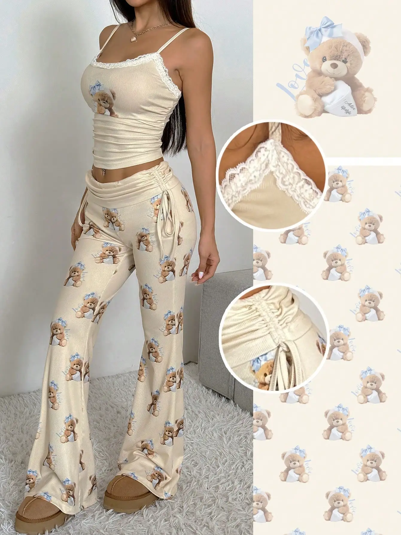 Women's Beige Lace Trim Ruched Cami & Flared Pants Set with Bear Motif Print
