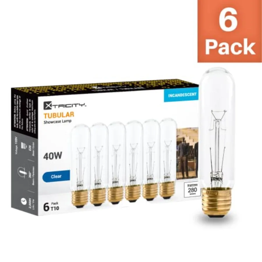 40 Watt T10 Clear Tubular Incandescent Light Bulb, Showcase Lamp, 2700K Soft White, E26 Medium Base, 280 Lumens, 120V, 6 Pack