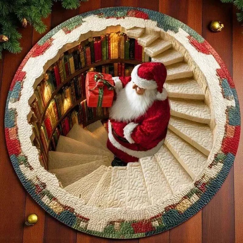 VIKAMA 3D Visual Illusion Santa Claus Circular Carpet Washable Anti-Slip Living Room Sofa Mat Bedroom Carpet Home Decoration
