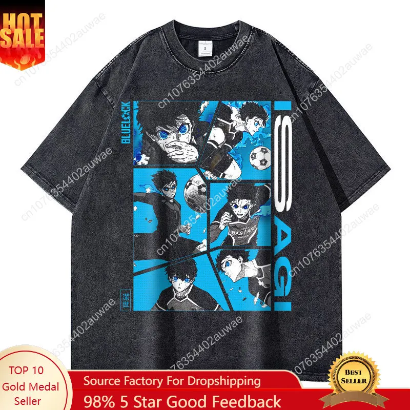 

Anime Blue Lock T Shirts Oversized Vintage Washed Isagi Yoichi T-shirt Manga Bachira Seishirou NagiStreetwear Tops Tees Cotton