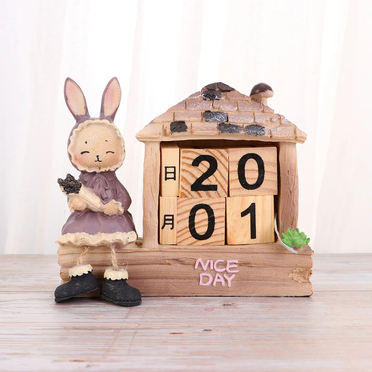 Wooden Shape Perpetual Desktop Calendar Manual Date Change Rabbit Statue Desk Decoration Office Home Rabbit