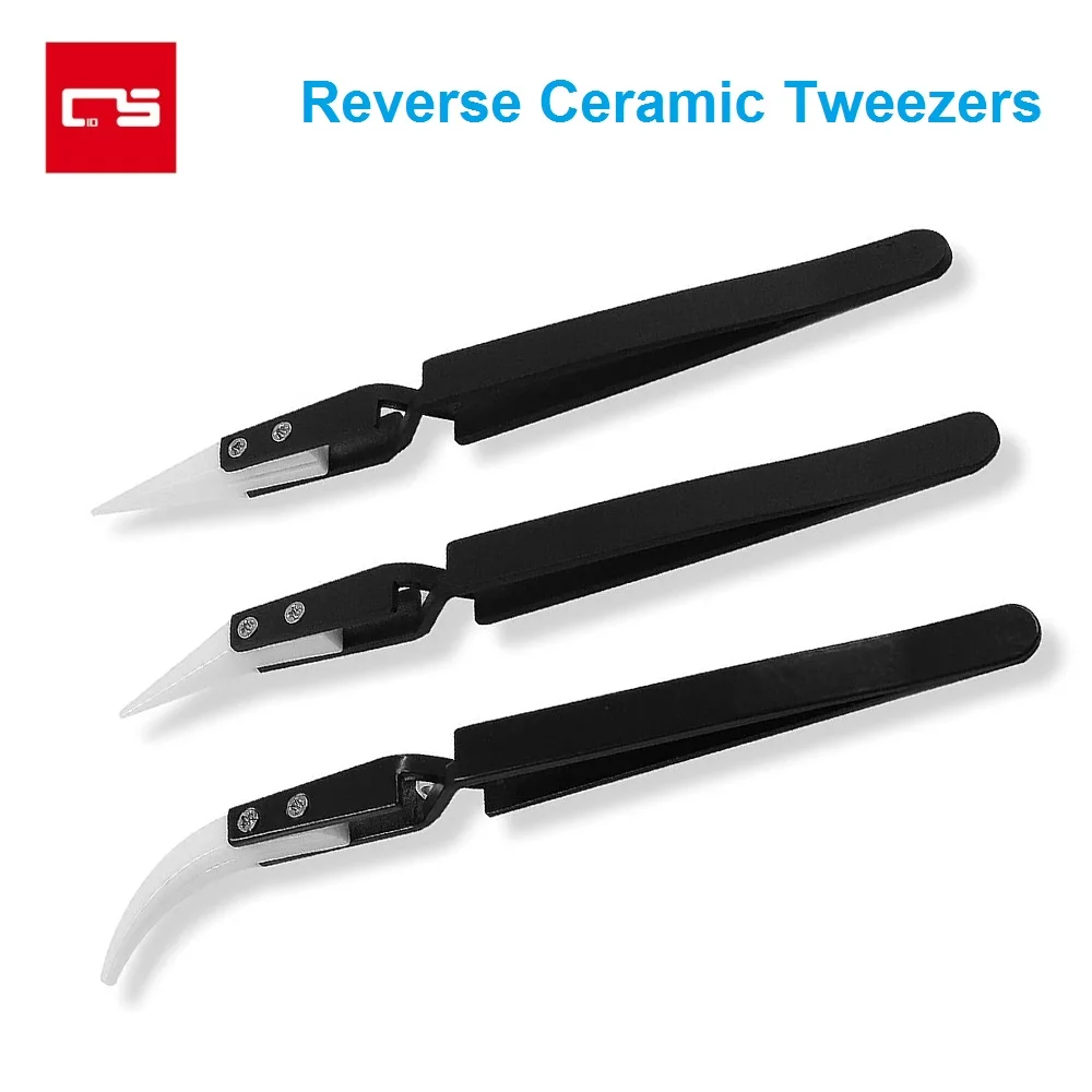 Reverse Tweezers Precision Pointed & Curved Tips Ceramic Tweezers Non-Conductive Heat Resistant Anti-Magnetic Soldering Tool