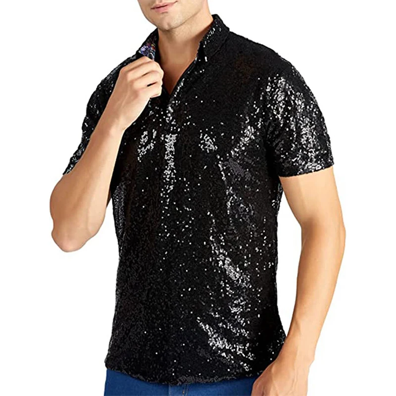 Men Sparkle Sequins Shirt Casual Vintage Summer 1 4 Button Short Sleeve Tops for Beach Vacation Streetwear