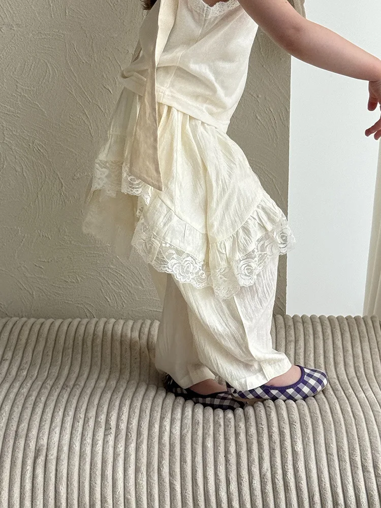 

2025 Summer New Girls Culottes Cotton Children Mosquito Resistant Pants Baby Girls Irregular Lace Trousers Kids Wide Leg Pants