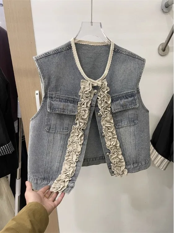 Rompi Denim Wanita Model Prancis Kecil yang Modis, Pakaian Musim Semi atau Luaran, Slim Fit, Cardigan Gaya Korea