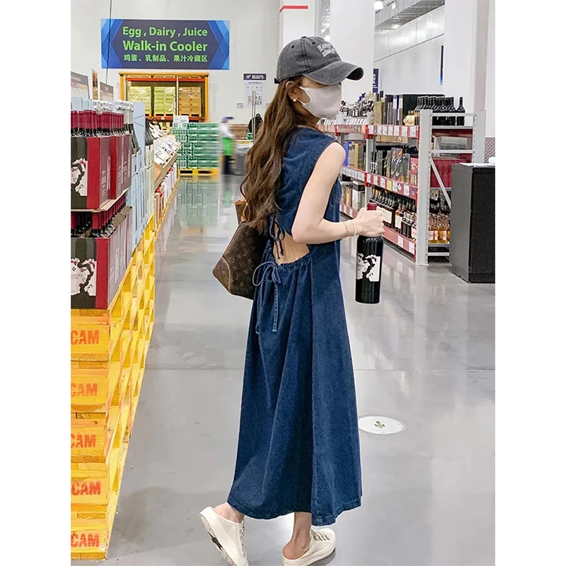 MEXZT Denim Midi Dress Women Hollow Out A Line Dresses Streetwear Sleeveless Backless Sundress Korean Lace Up Casual Vestidos