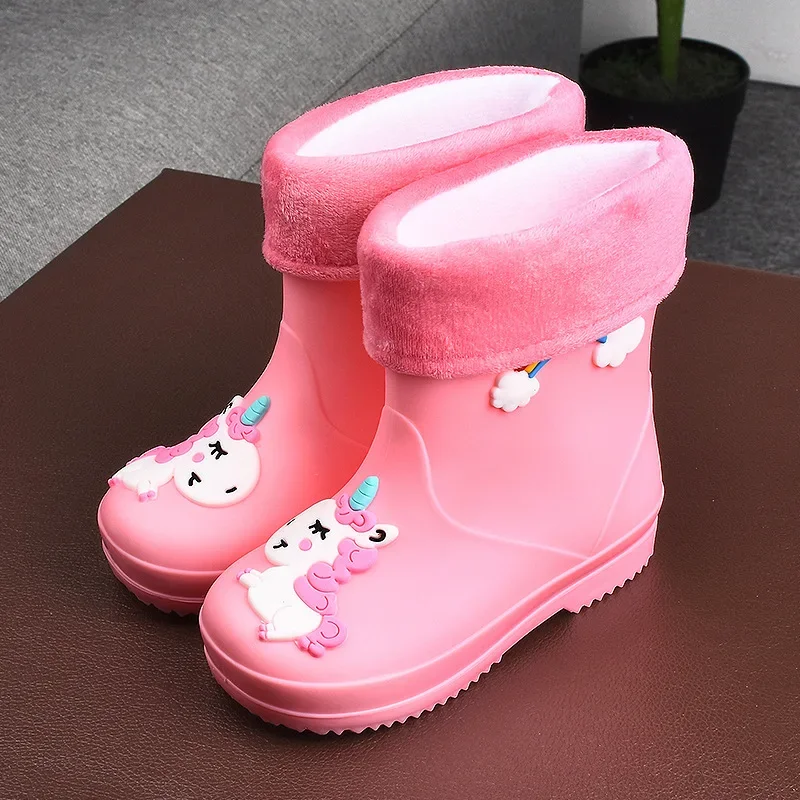 

Kids Rain Boots For Girls Rubber Rainboot Boys PVC Warm Children Waterproof Shoes Modis Cartoon Unicorn Removable cotton cover