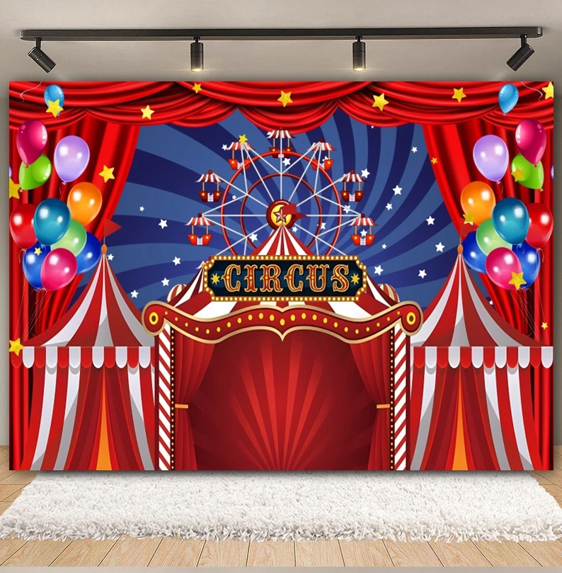Circus Theme Backdrop Red Tent Ferris Wheel Carousel Hot Air Balloon Baby Birthday Party Photography Background Decor Photo Prop