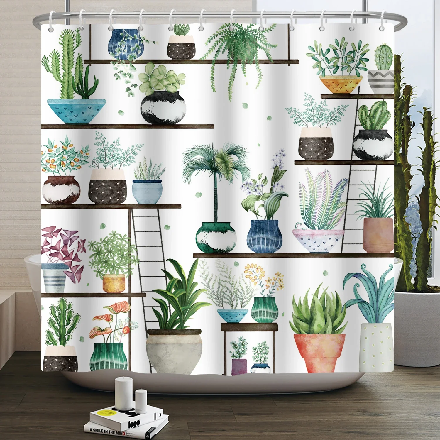 Green Potted Plant Shower Curtain Tropical Greenhouse Botanical Succulents Cactus Modern Aesthetic Waterproof Bathroom Curtain