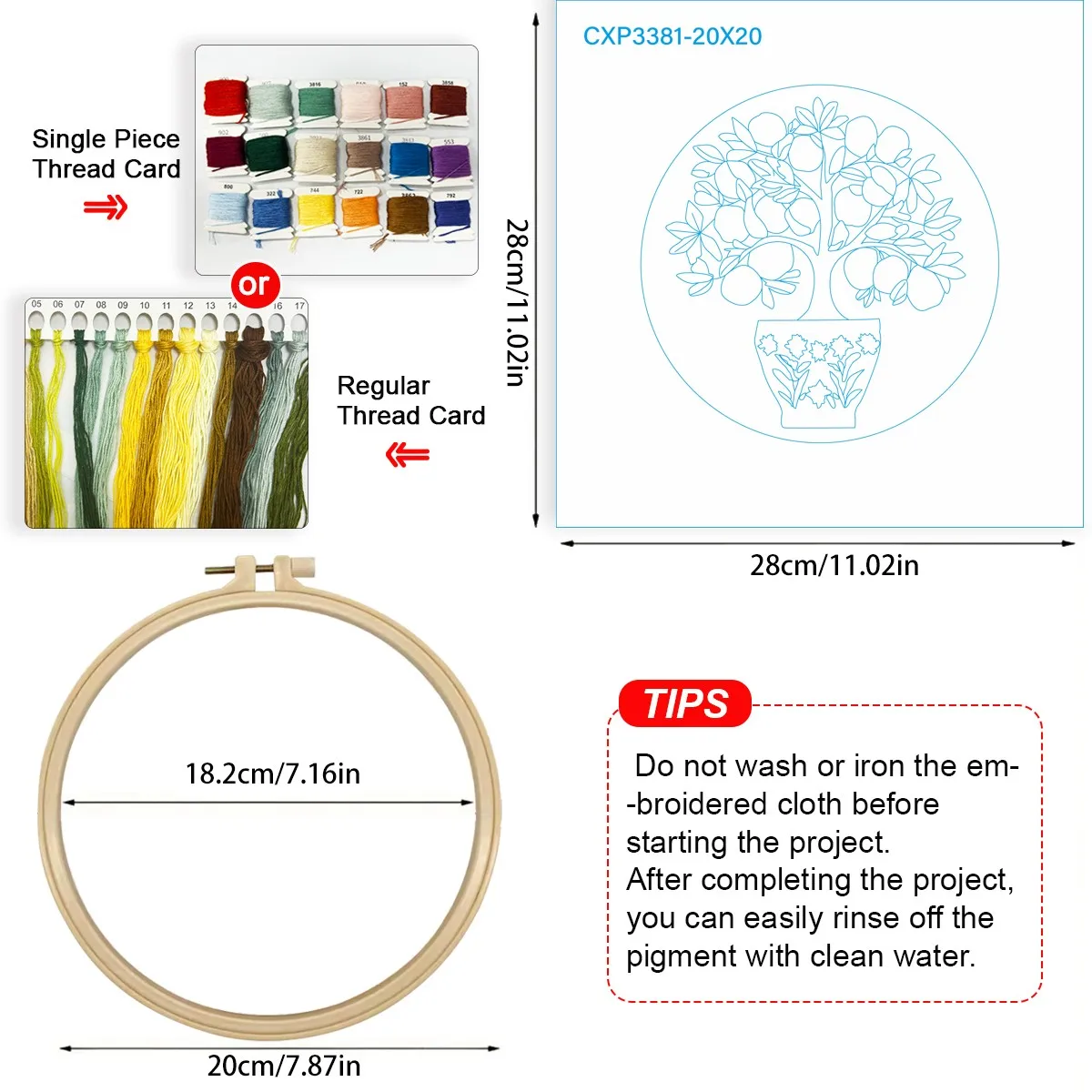 1 Stück 20X20CM/15X15CM 7,87/6,3 Zoll Obstbäume Stickerei Starter-Kit DIY-Kit DIY-Stickerei-Set für Anfänger – Detail 4