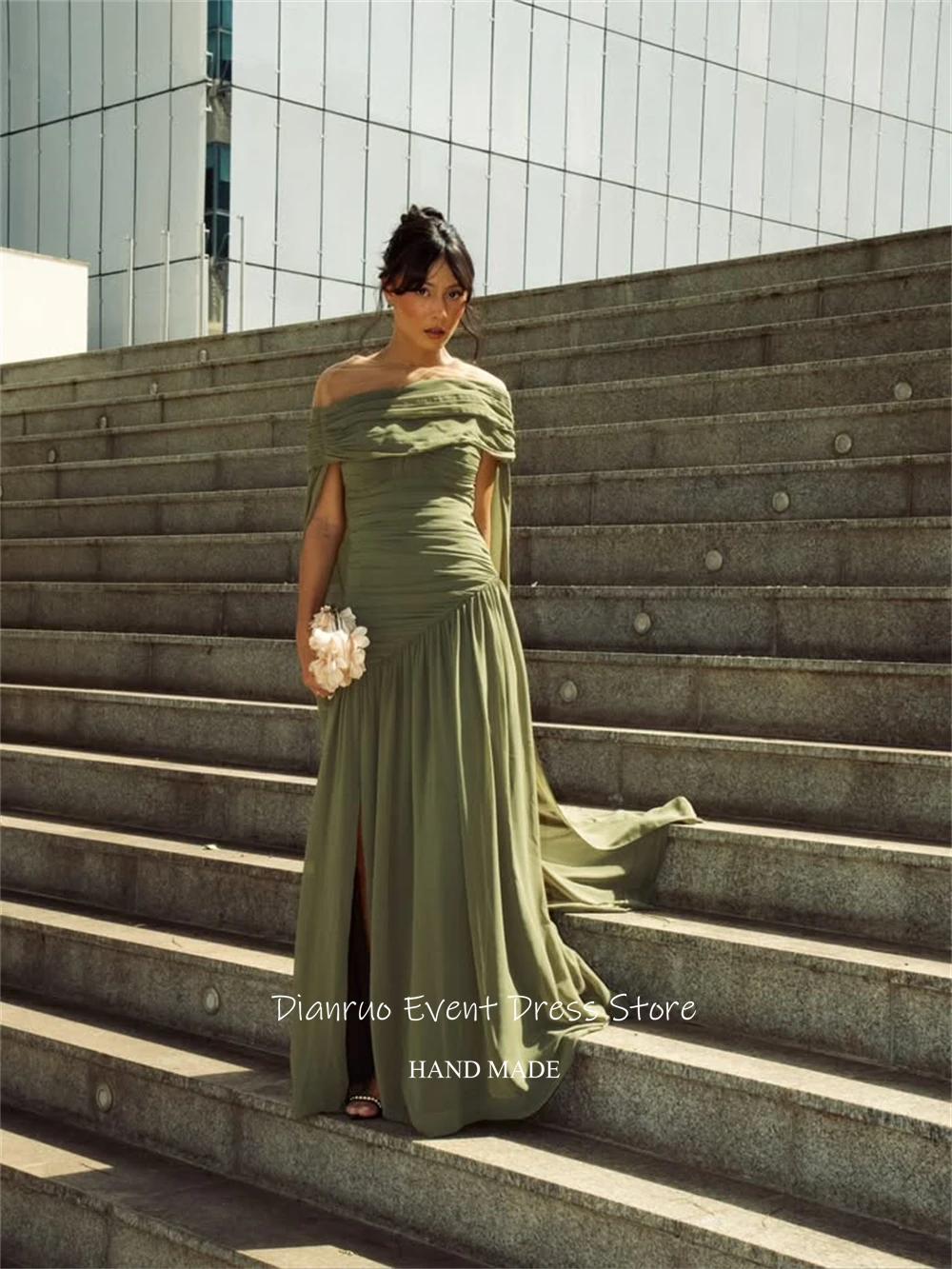 Dianruo-vestido De noche con abertura lateral, color verde oliva, línea A, Vestidos fluidos De fiesta con hombros descubiertos, Vestidos De gasa De Gala personalizados