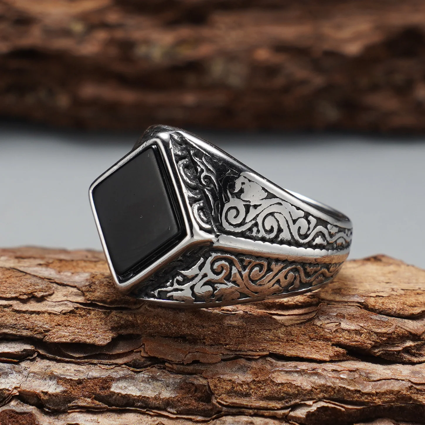 Vintage Gravierter Rhombus-Achat Herrenring, 316L Edelstahl Trendiger Statement-Schmuck – Detail 10