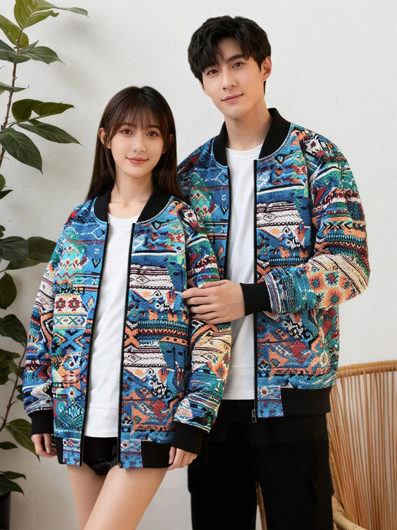 

Couple's same style padded American vintage Navajo jacquard shirts for spring, autumn and winter. Long-sleeved spring and autumn