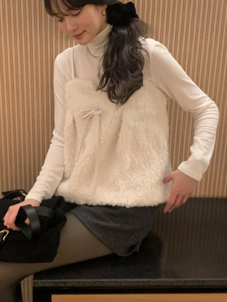 Lamsbontvest Strapl Knoop Damestop Herfst Winter Gelaagdheid Svel Koreaanse Sle Inner Wear Normale pasvorm