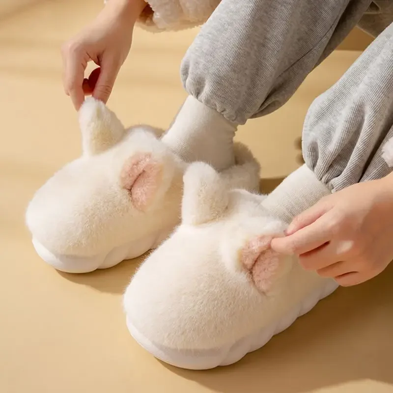 Cute Rabbit Ear Cotton Slippers Women Warm Faux Fur Indoor Shoes thick Sole Female Winter Platform Slides Home Fluffy Footwear