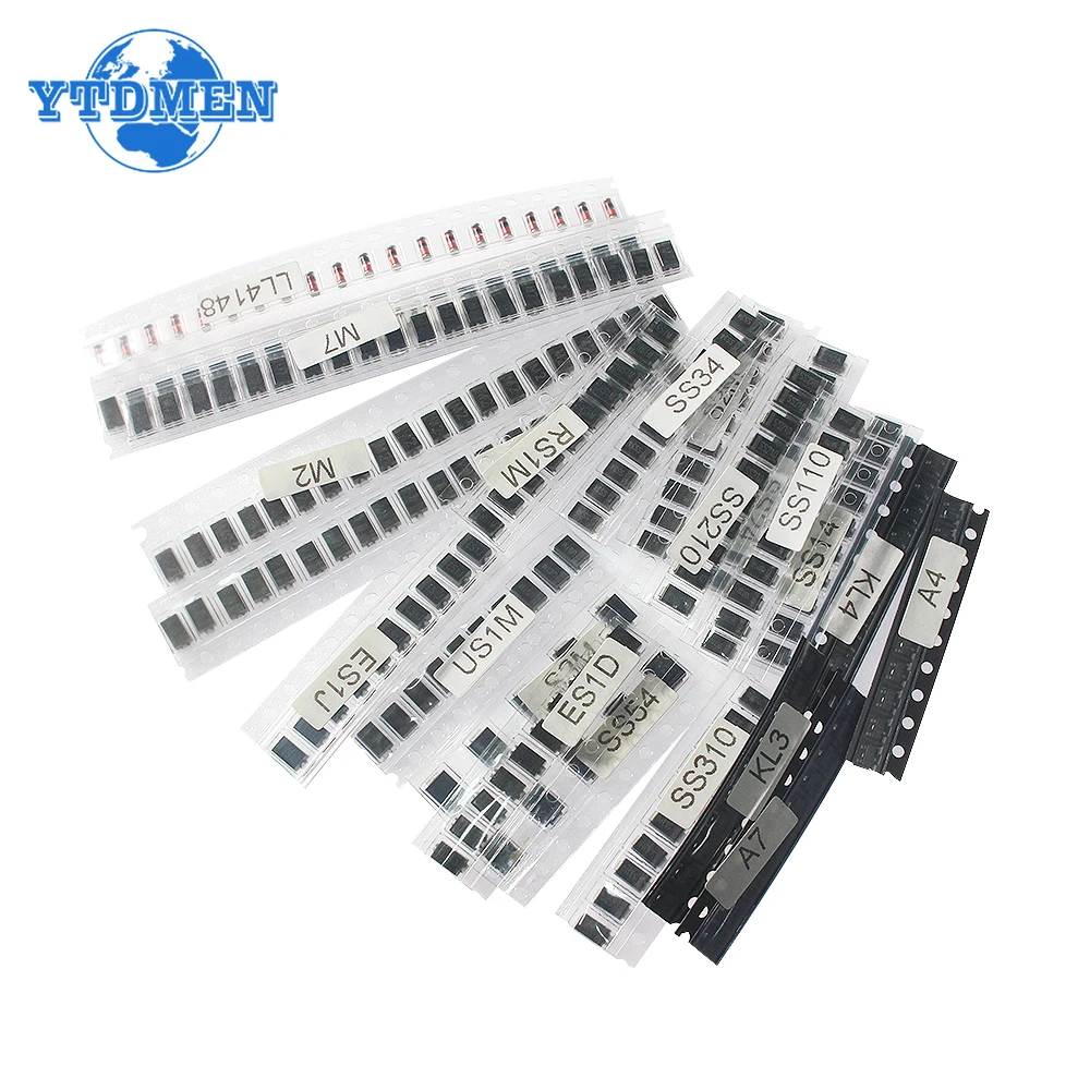 260PCS SMD Rectifier Diode Assorted Kit Schottky Switching Diodes M1 M4 M7 SS14 SS24 RS1M US1M SS34 SS54 BAT54C BAT54S LL4148