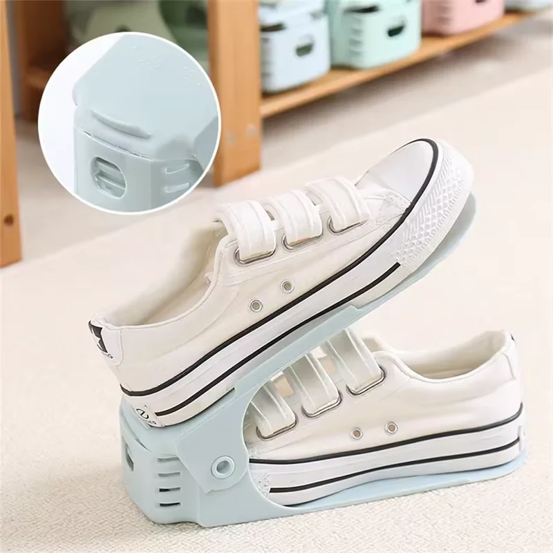 5-10pcs Household Simple One-piece Shoe Bracket Folding Type Adjustable Shoe Cabinet Shoe Storage Plastic Double-layer Shoe Rack view 3