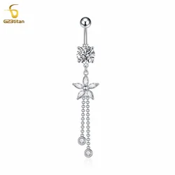 G23titan Elegant Long Chain Dangle Belly Button Ring Zircon Flower Navel Earring Allergy Free Titanium Piercing Body Jewelry