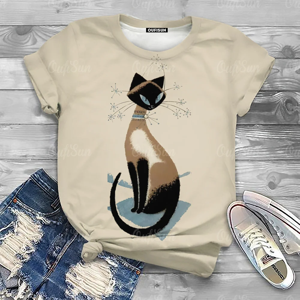 

2024 Top Women Cat Printed Women's T-Shirt Oversized T-Shirt Summer Women Clothing Animal Short Sleeve Female Shirt Harajuku